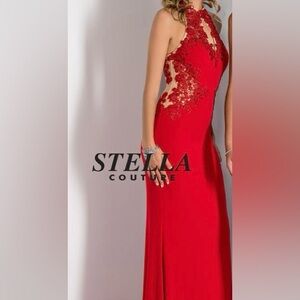 Stella Couture 16084 Size 4 Red High Neck Racer Back Sleeveless Long Dress NWT